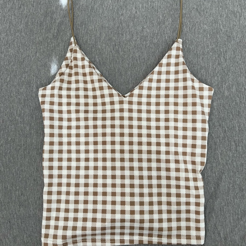 brown and white gingham bungee strap tank top